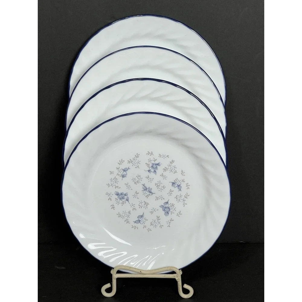 4 VINTAGE Corelle Blue Fleur Floral Swirl Rim 7 1/4